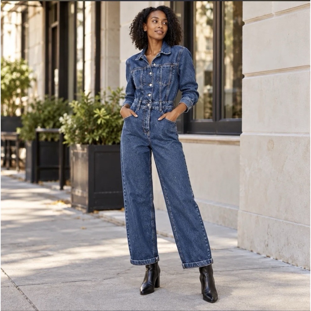 Zara Women's Collared Blue Denim Jumpsuit Multiple Pockets Small Minimalist